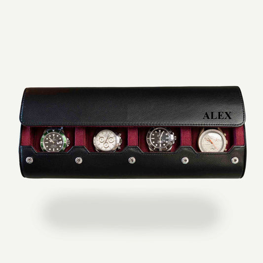 Personalized Travel Watch Roll Extra Large - Black Cherry