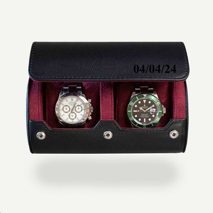 Personalized Two Slot Watch Roll - Black Cherry