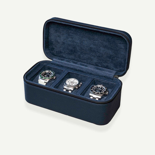Square Watch Box 3 Slot - Navy Blue Litchi
