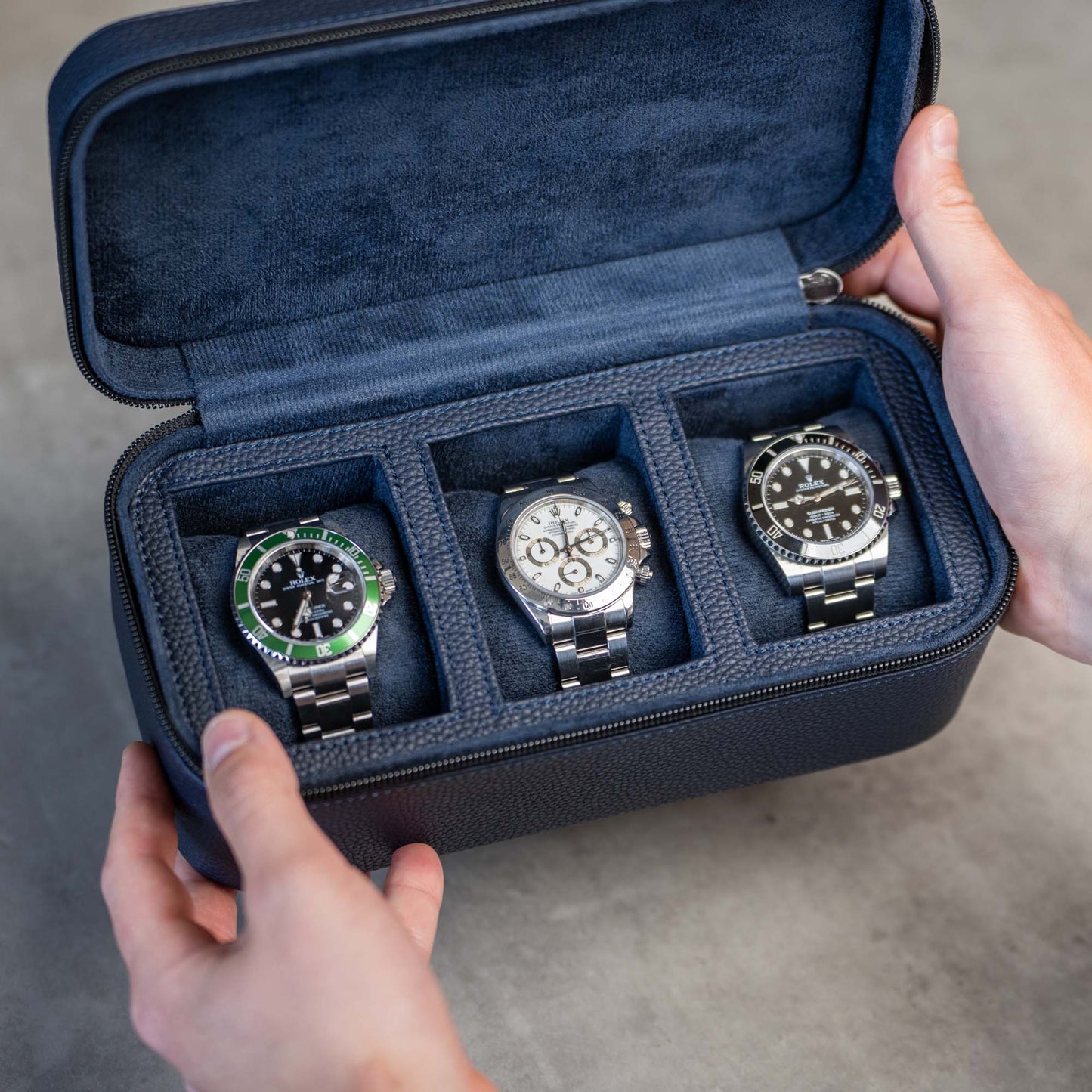 Square Watch Box 3 Slot - Navy Blue Litchi