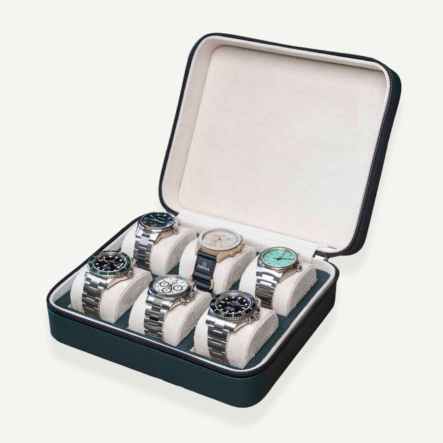 Square Watch Box 6 Slot - Dark Green Litchi