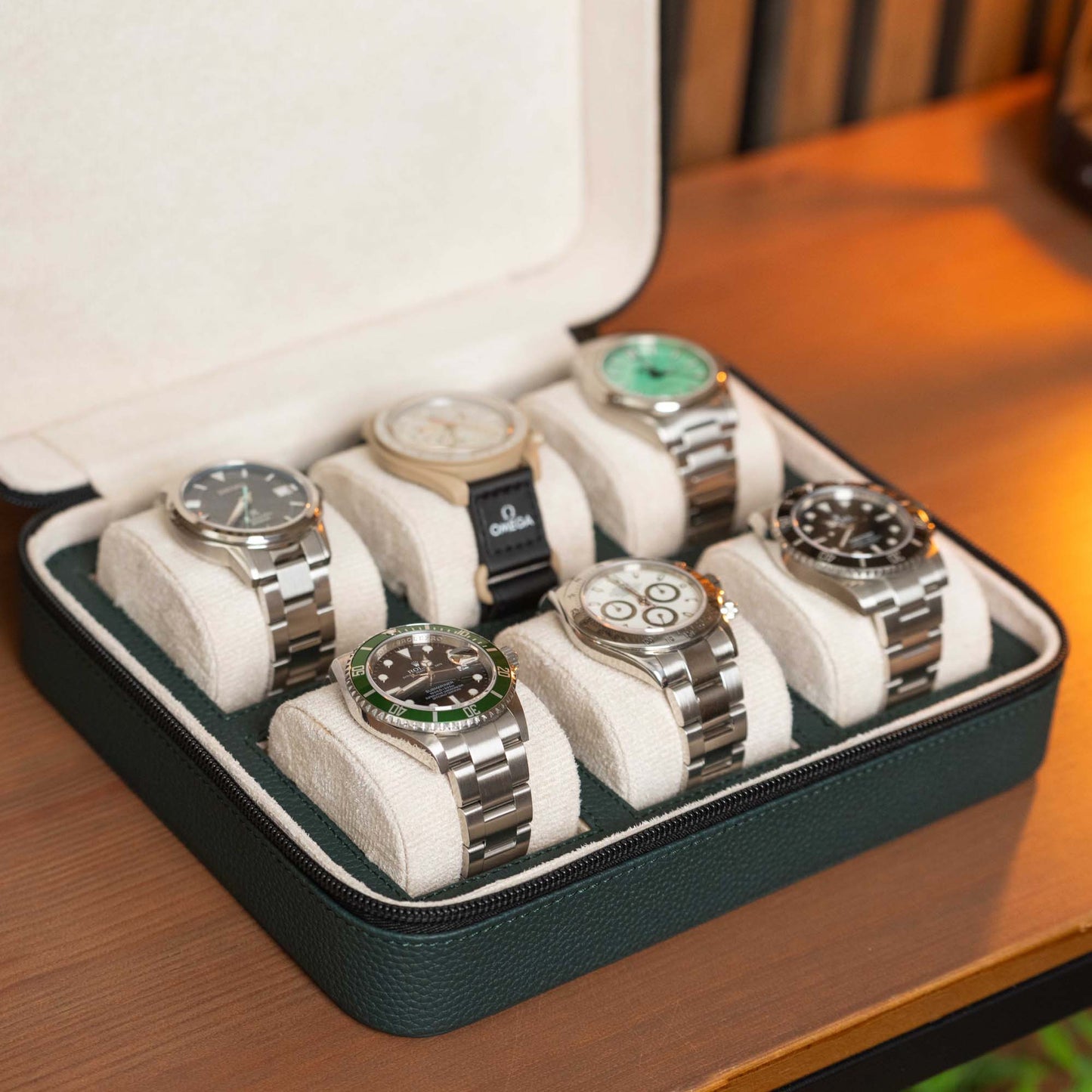 Square Watch Box 6 Slot - Dark Green Litchi