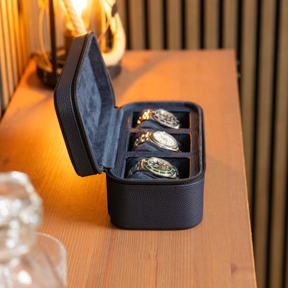 Square Watch Box 3 Slot - Navy Blue Litchi
