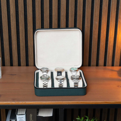 Square Watch Box 6 Slot - Dark Green Litchi