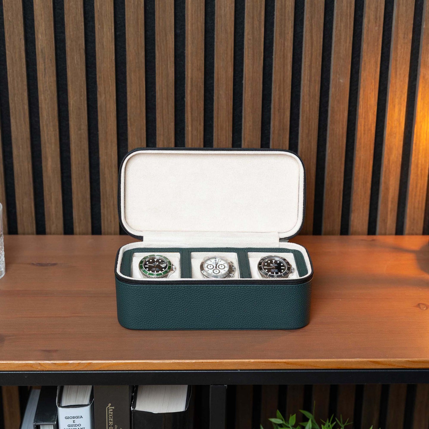 Square Watch Box 3 Slot - Dark Green Litchi
