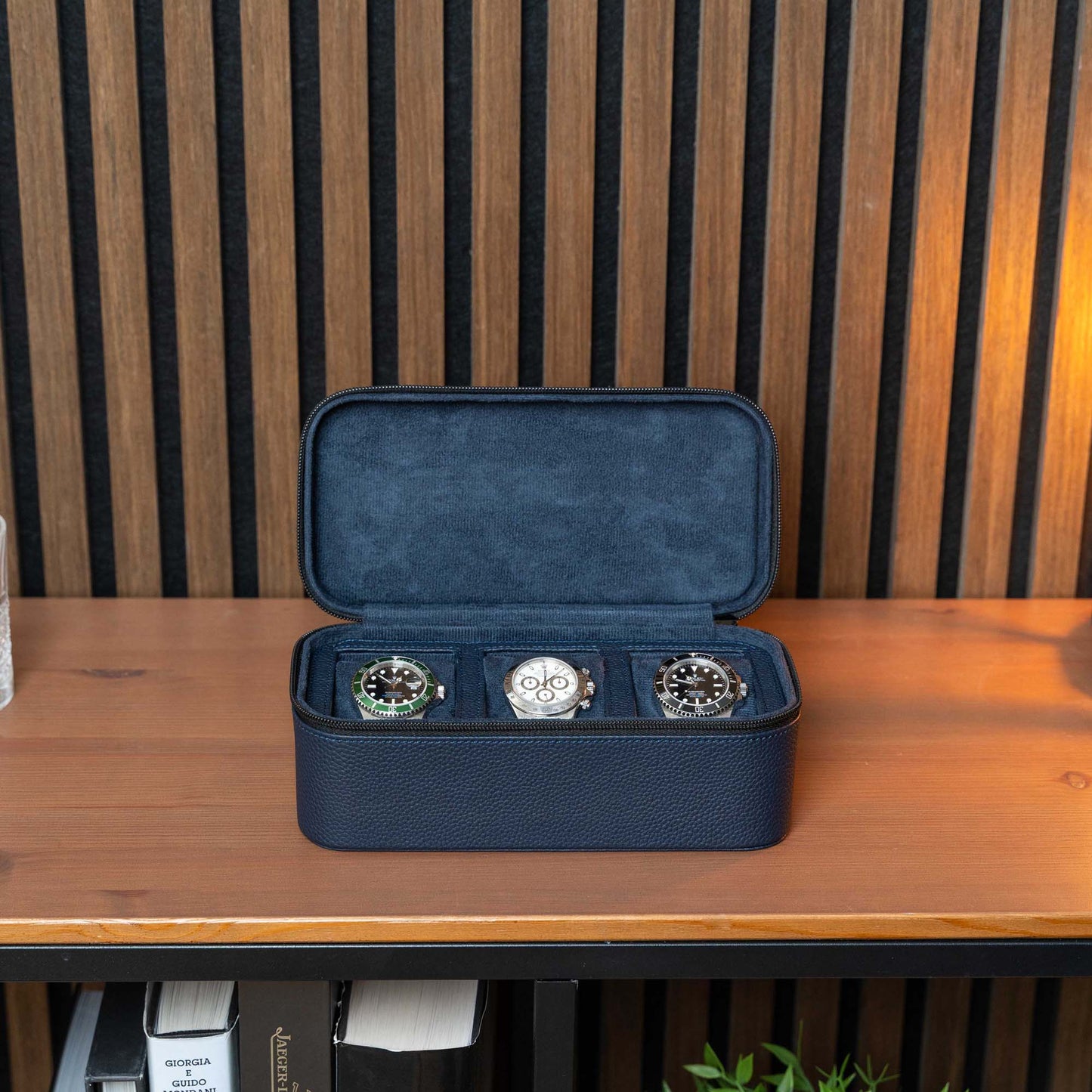 Square Watch Box 3 Slot - Navy Blue Litchi