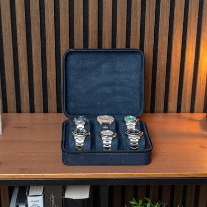 Square Watch Box 6 Slot - Navy Blue Litchi