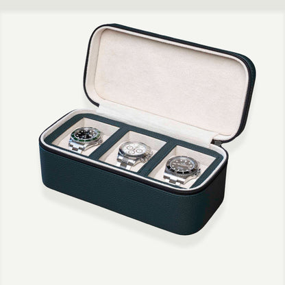 Square Watch Box 3 Slot - Dark Green Litchi