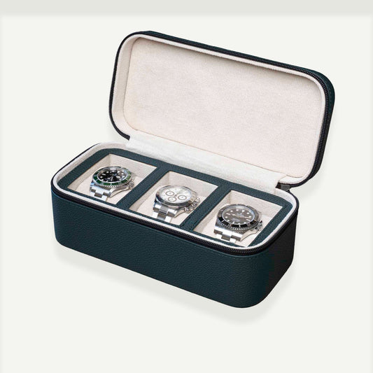 Square Watch Box 3 Slot - Dark Green Litchi