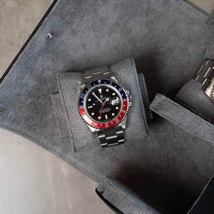 Personalized Two Slot Watch Roll - Black Grey