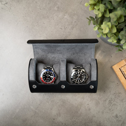 Personalized Two Slot Watch Roll - Black Grey