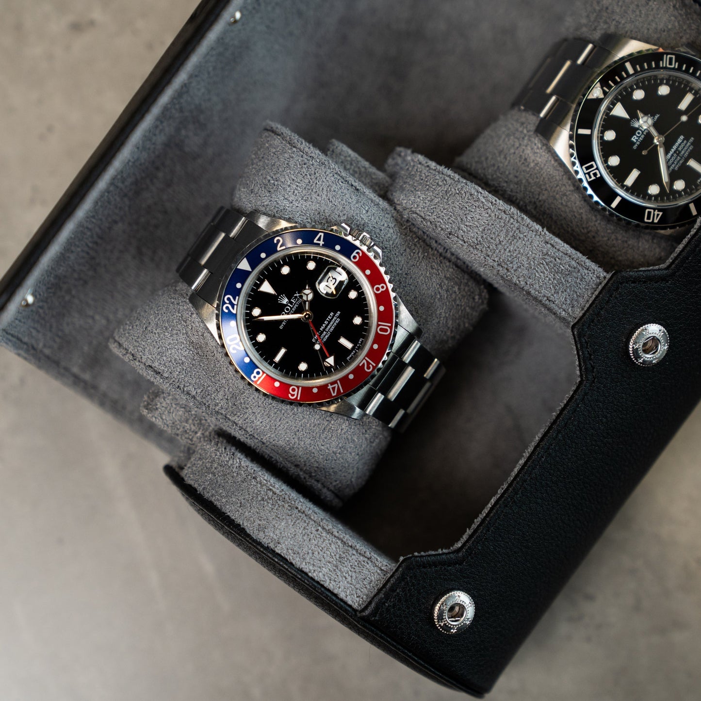 Personalized Two Slot Watch Roll - Black Grey