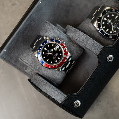 Personalized Two Slot Watch Roll - Black Grey