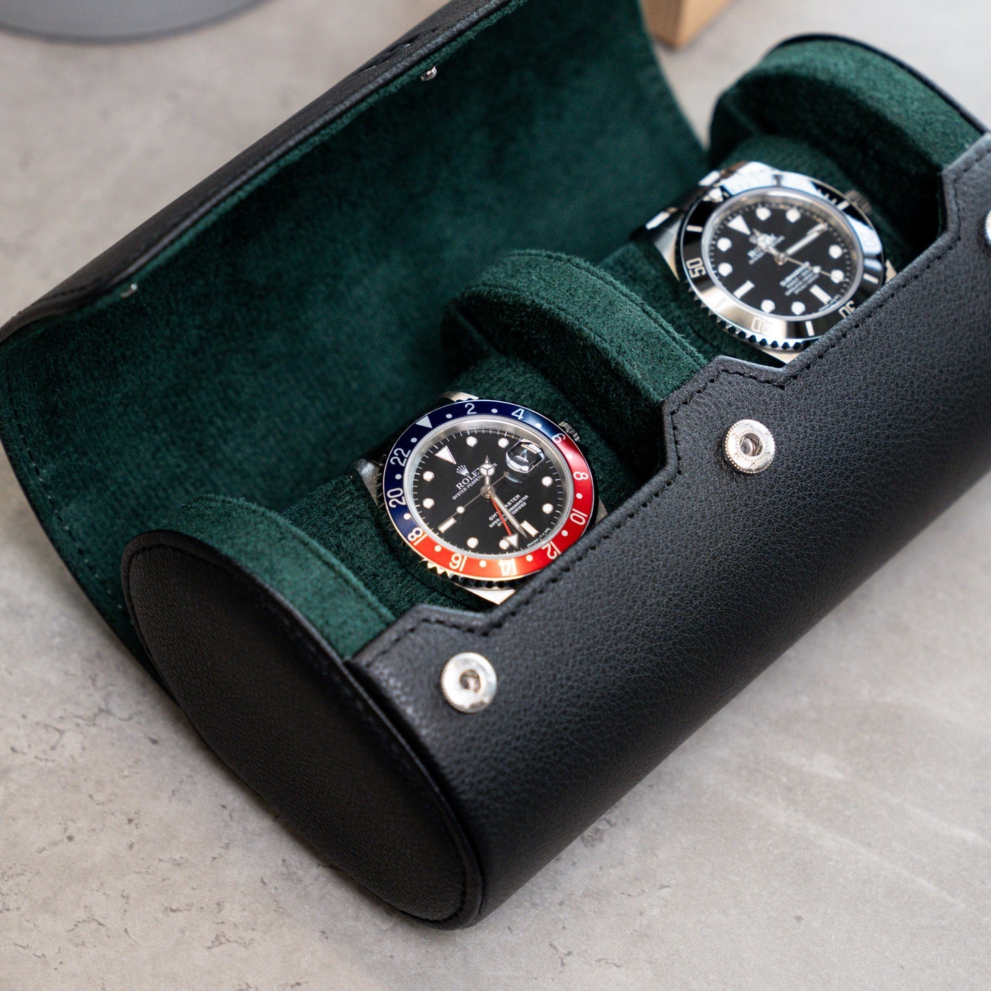 Personalized Two Slot Watch Roll - Black Green