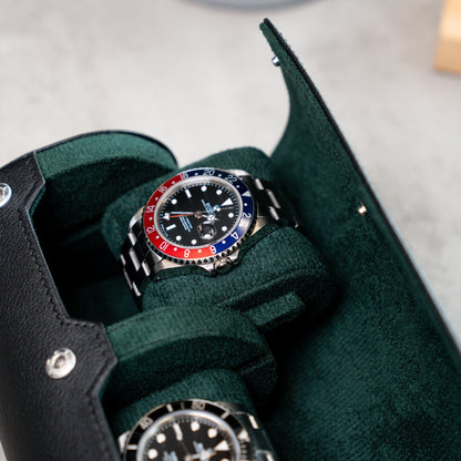 Personalized Two Slot Watch Roll - Black Green