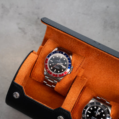 Two Slot Watch Roll - Black Orange
