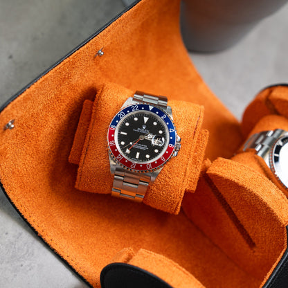 Personalized Two Slot Watch Roll - Black Orange