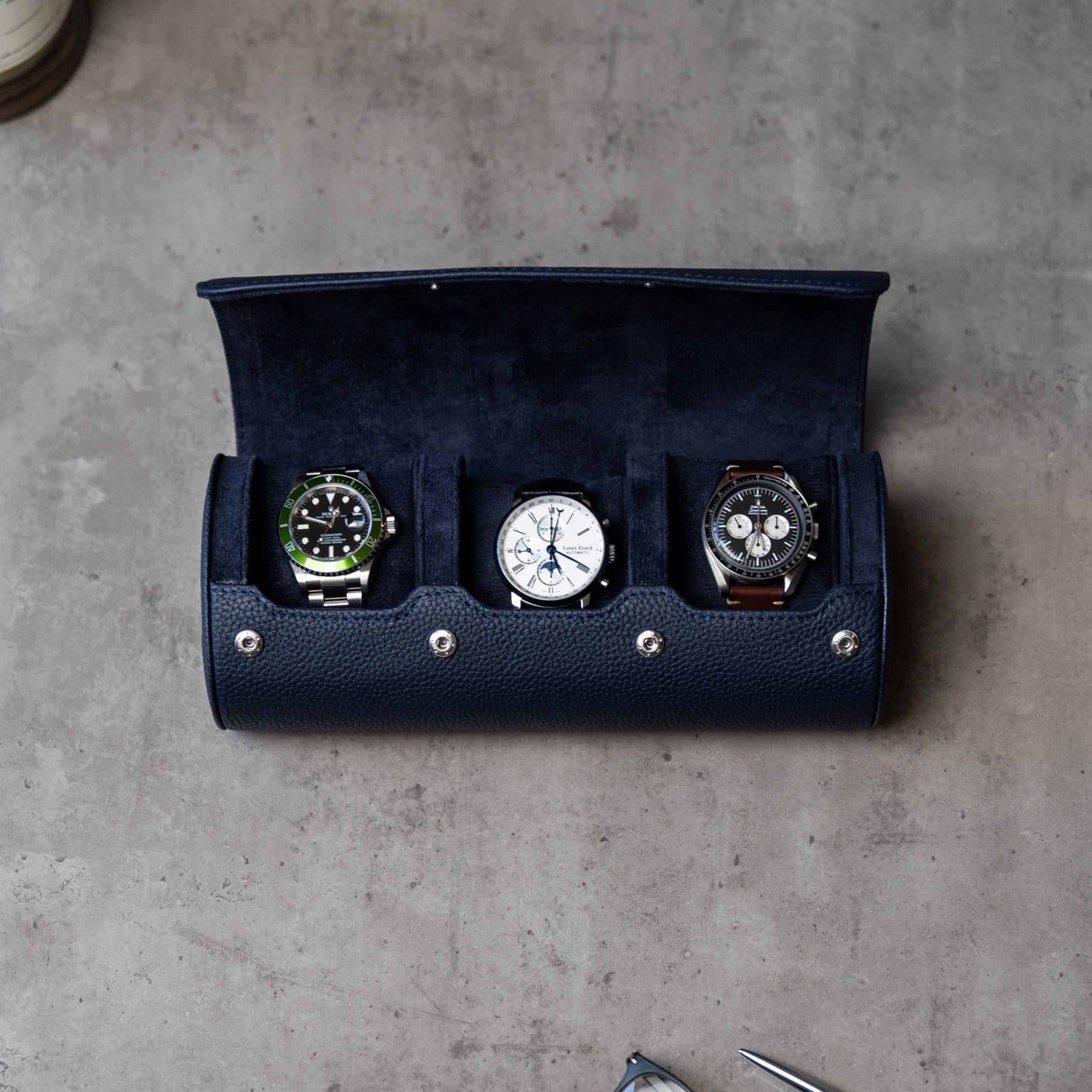 Travel Watch Roll Large - Navy Blue Litchi