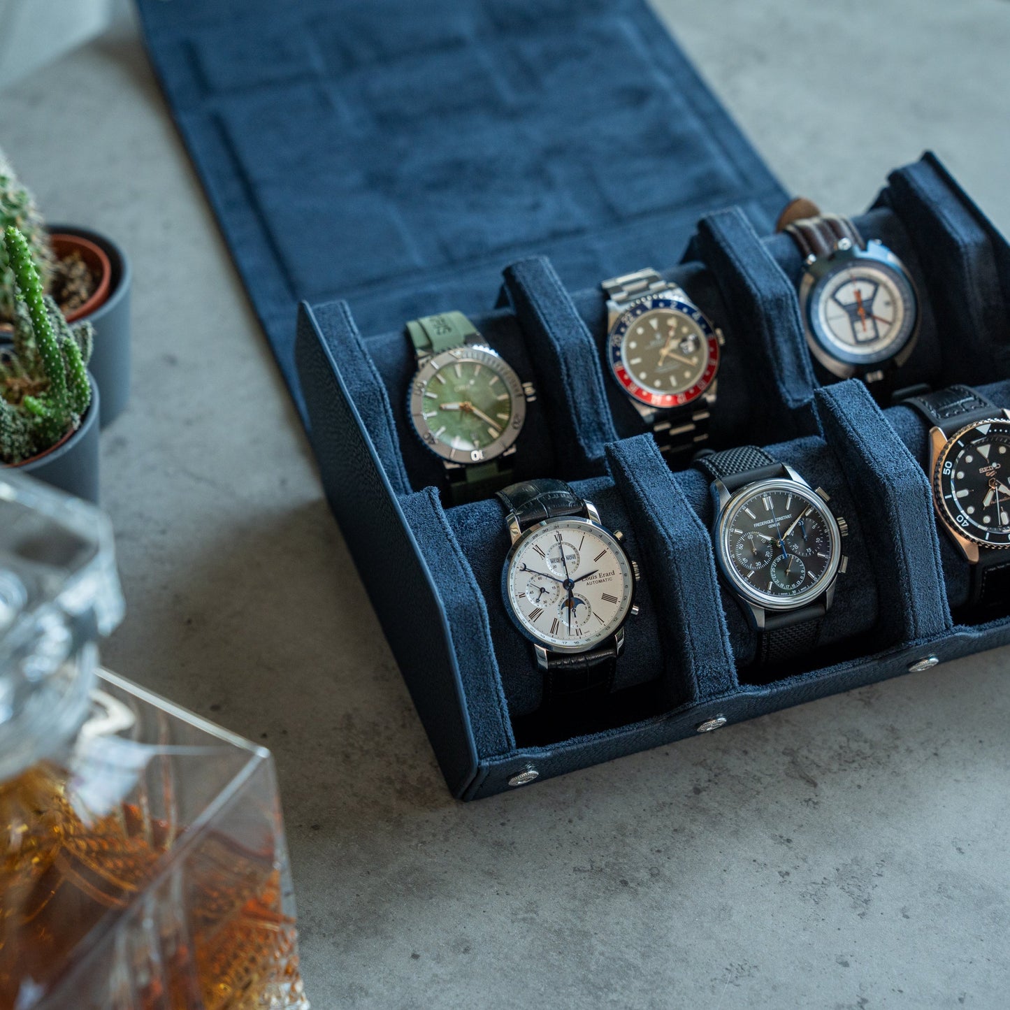 Hexagon Navy Blue 6 Slot Watch Box