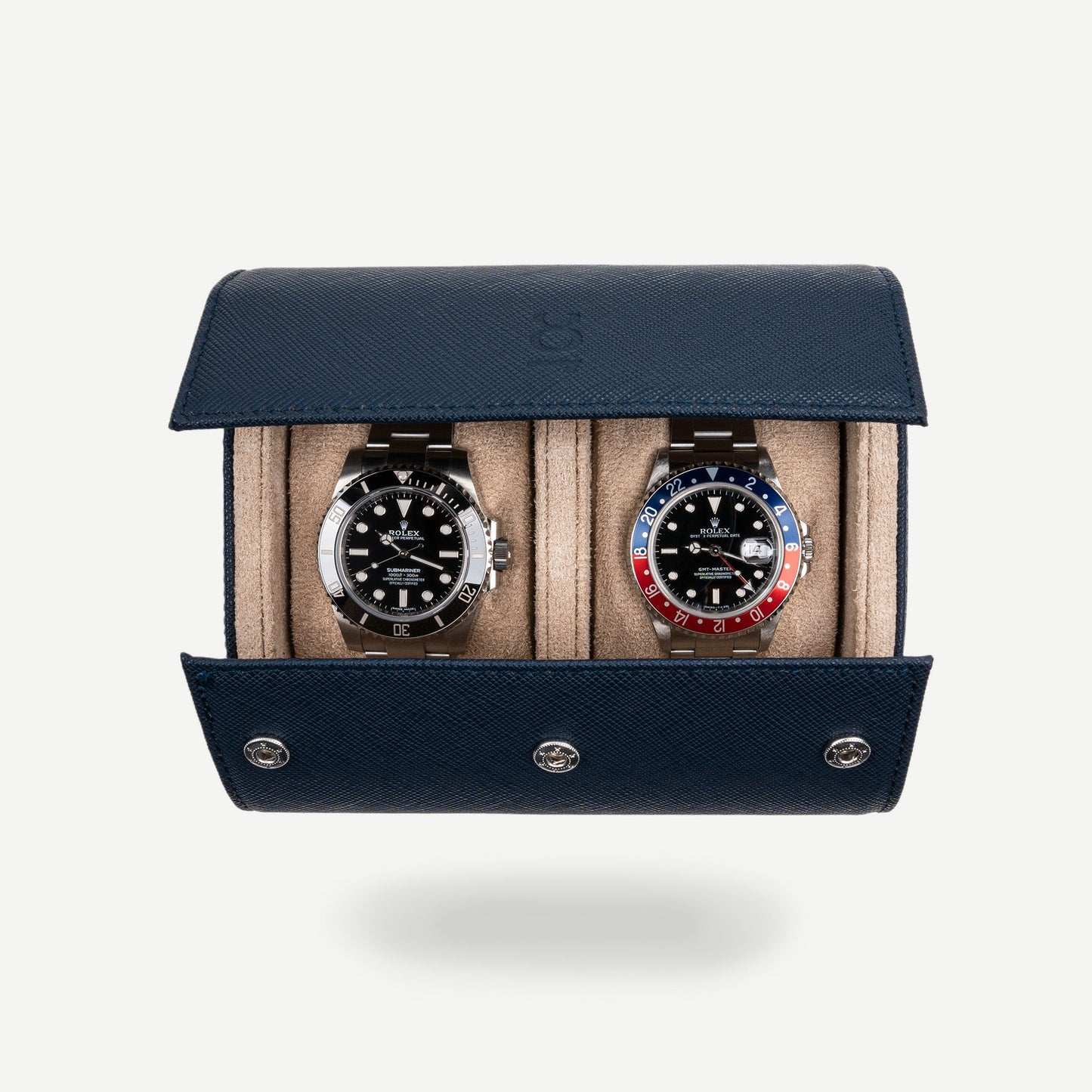 Two Slot Watch Roll - Navy Blue Saffiano