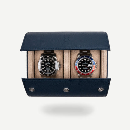 Two Slot Watch Roll - Navy Blue Saffiano