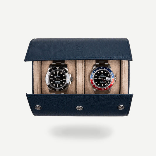 Two Slot Watch Roll - Navy Blue Saffiano