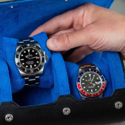 Personalized Two Slot Watch Roll - Black Blue