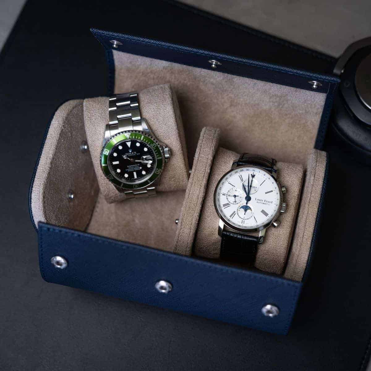 Two Slot Watch Roll - Navy Blue Saffiano