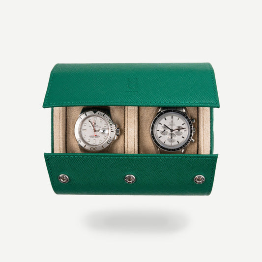 Two Slot Watch Roll - Green Saffiano