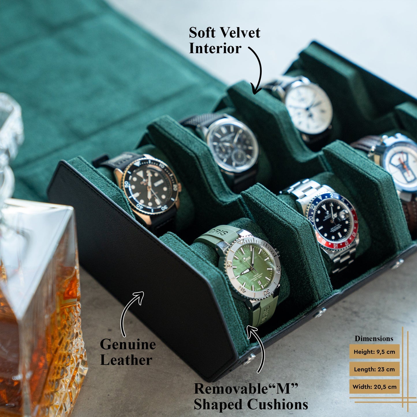 Hexagon Black Green 6 Slot Watch Box