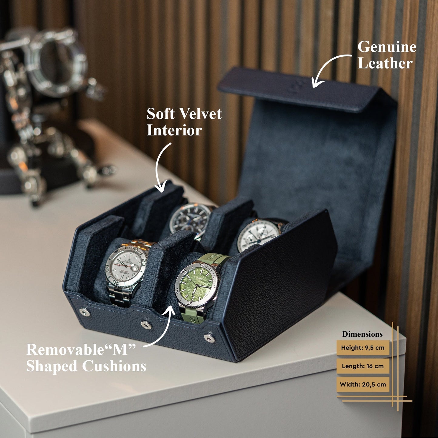 Hexagon Navy Blue 4 Slot Watch Box