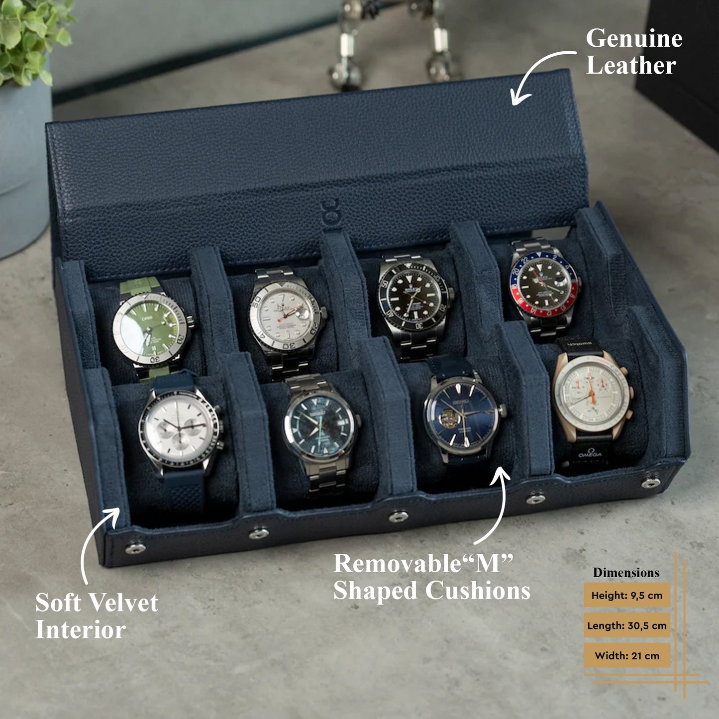 Hexagon Navy Blue 8 Slot Watch Box