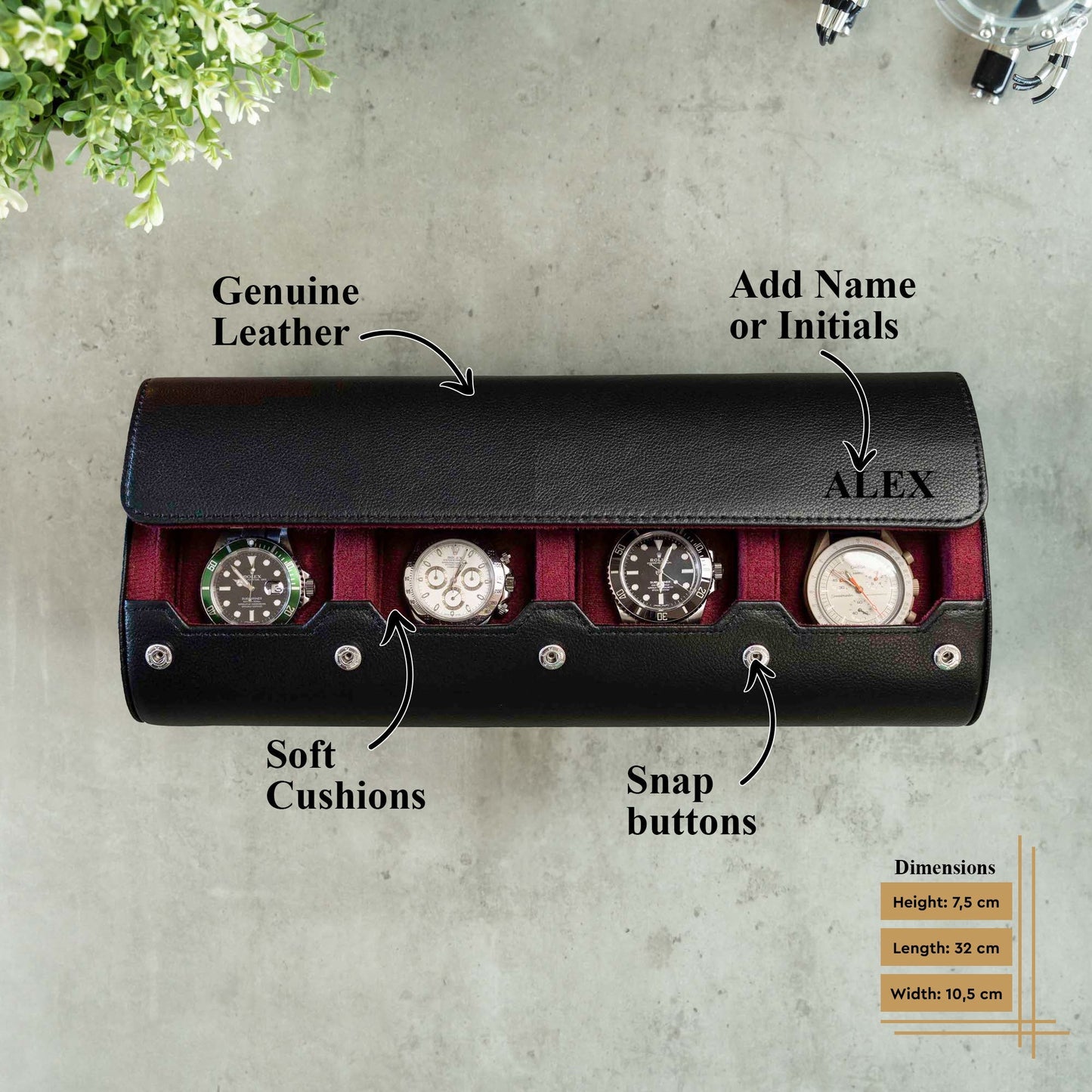 Personalized Travel Watch Roll Extra Large - Black Cherry