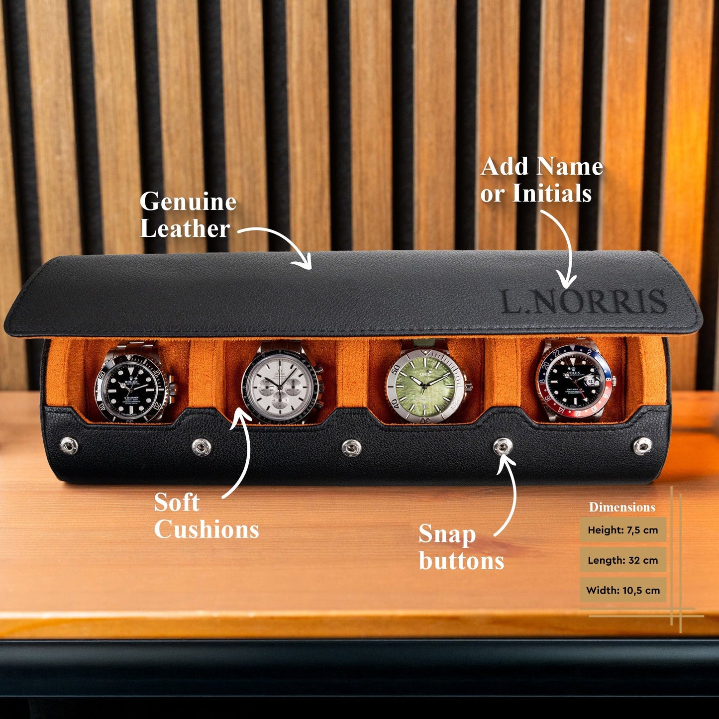 Personalized Travel Watch Roll Extra Large - Black Orange