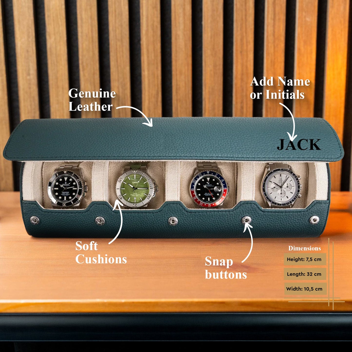 Personalized Travel Watch Roll Extra Large - Dark Green Litchi