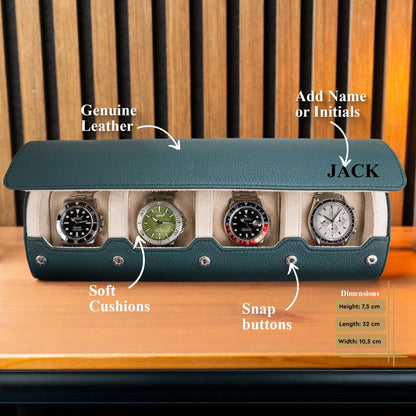 Personalized Travel Watch Roll Extra Large - Dark Green Litchi