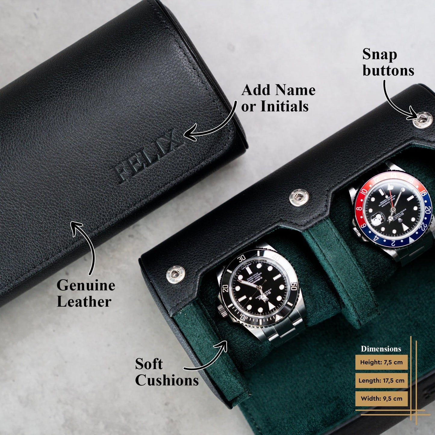 Personalized Two Slot Watch Roll - Black Green