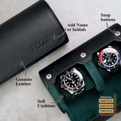 Personalized Two Slot Watch Roll - Black Green