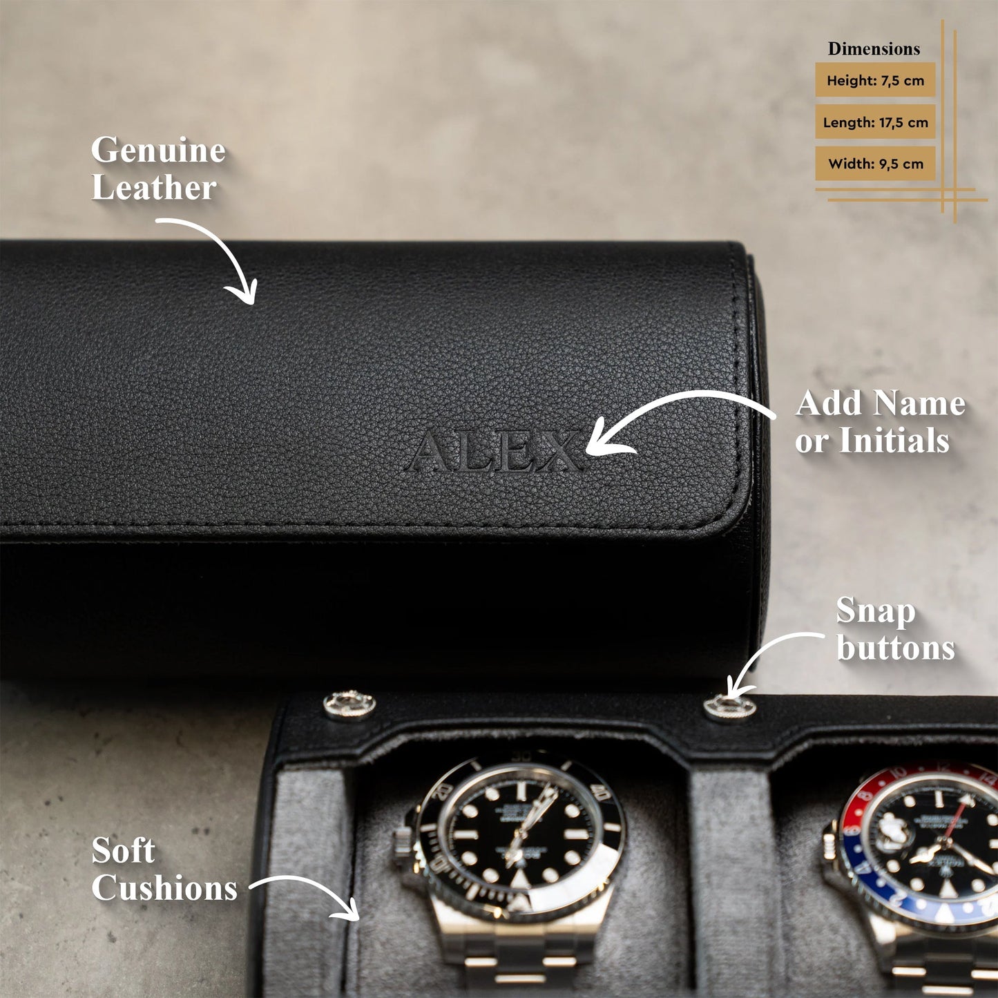 Personalized Two Slot Watch Roll - Black Grey