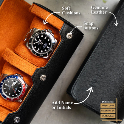 Personalized Two Slot Watch Roll - Black Orange