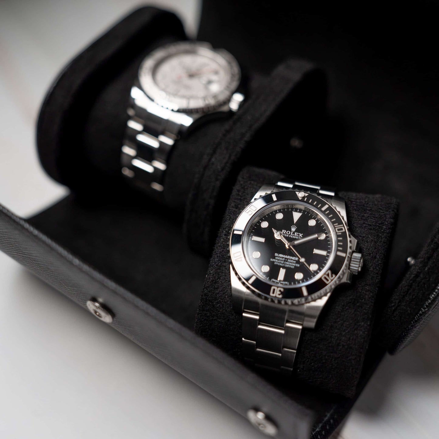 Two Slot Watch Roll - All Black Saffiano
