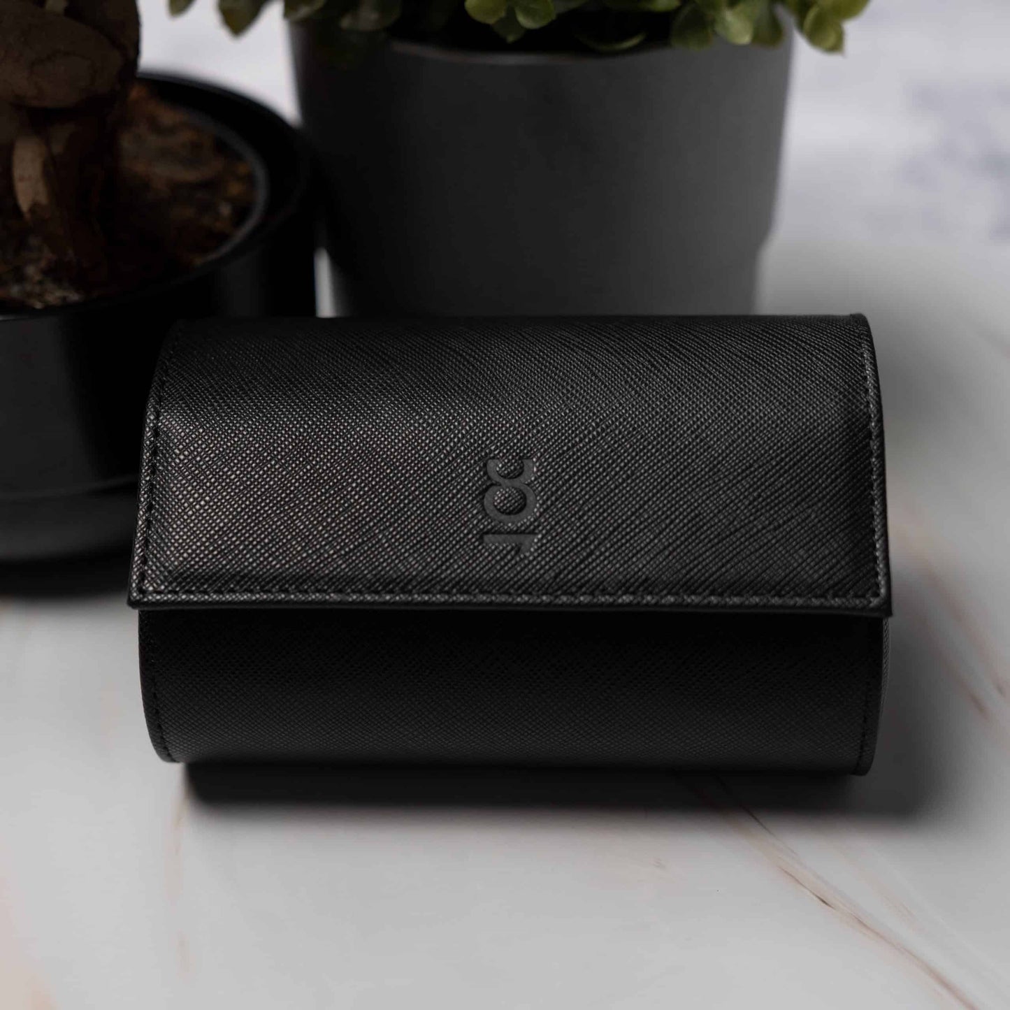 Two Slot Watch Roll - All Black Saffiano