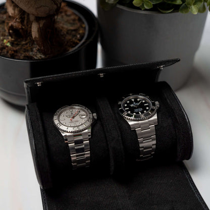 Two Slot Watch Roll - All Black Saffiano