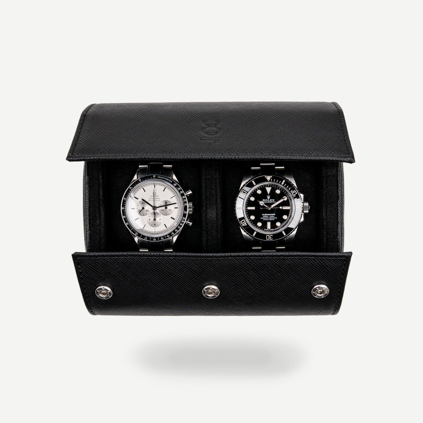 Two Slot Watch Roll - All Black Saffiano