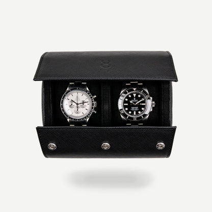 Two Slot Watch Roll - All Black Saffiano