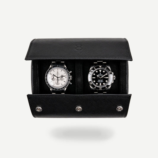 Two Slot Watch Roll - All Black Saffiano