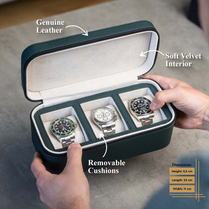Square Watch Box 3 Slot - Dark Green Litchi