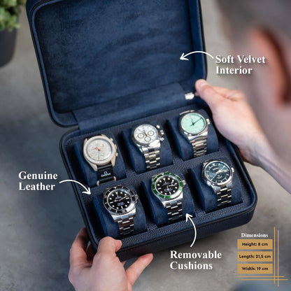 Square Watch Box 6 Slot - Navy Blue Litchi
