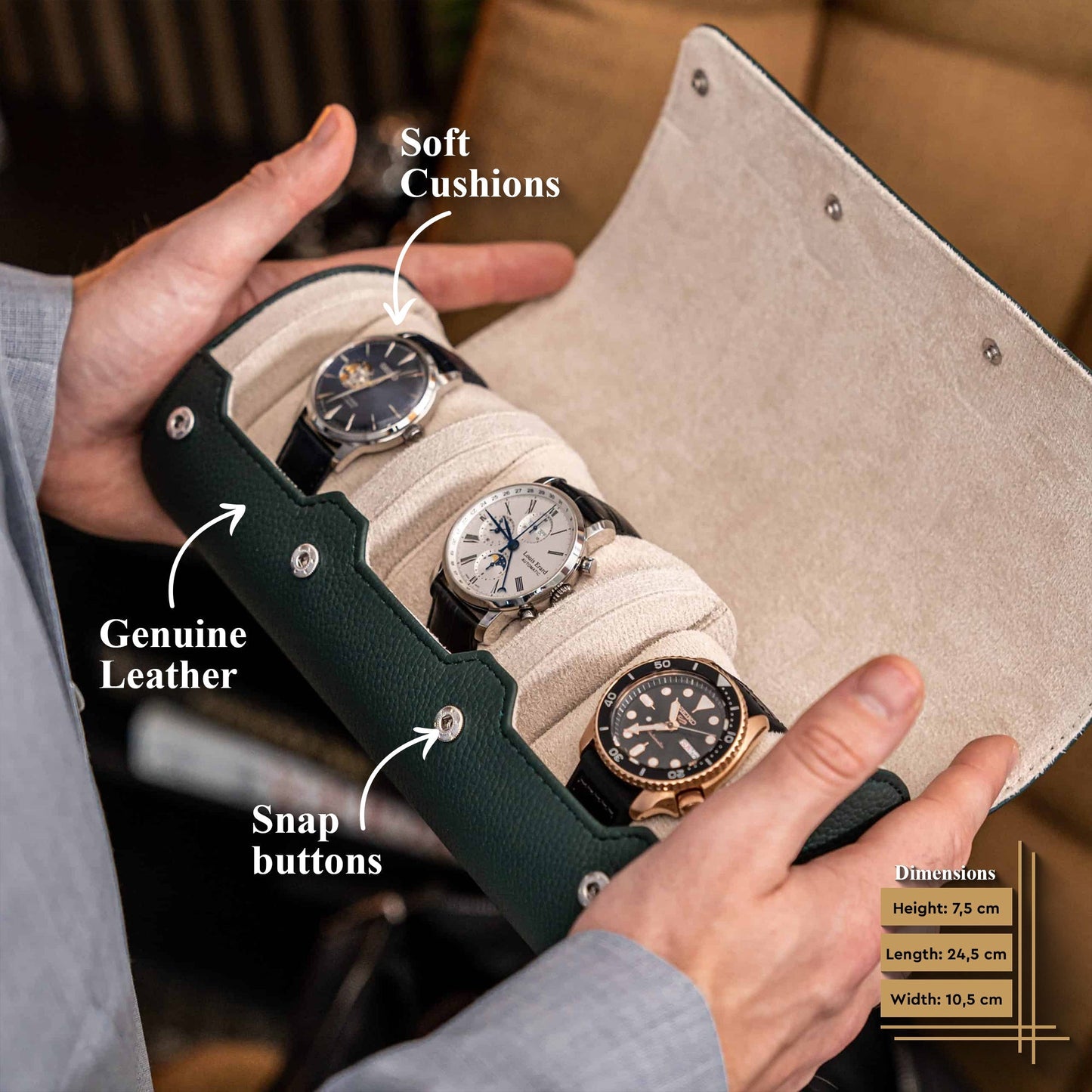 Travel Watch Roll Large - Dark Green Litchi