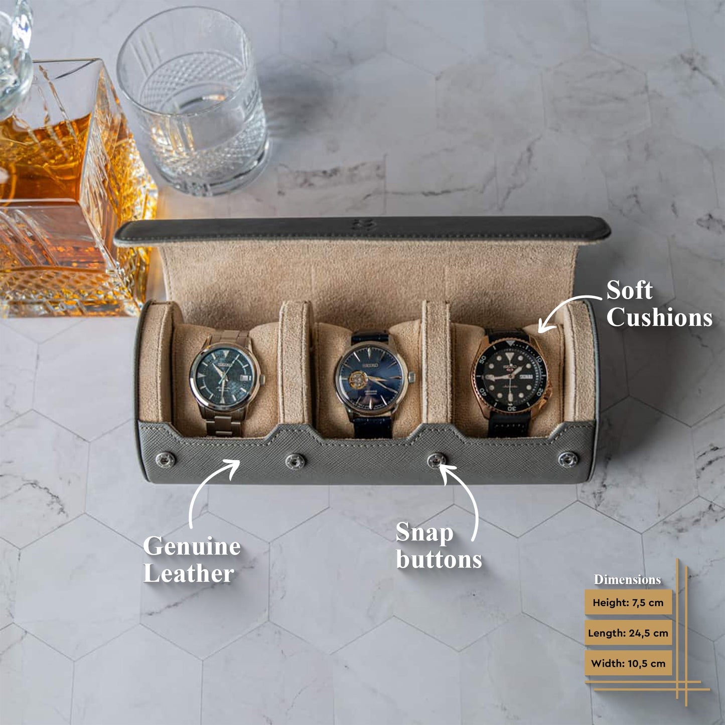 Travel Watch Roll Large - Grey Saffiano